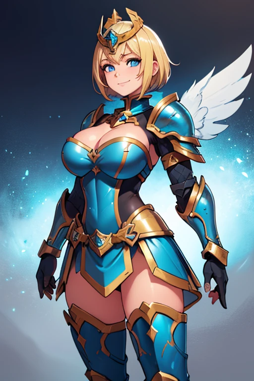 female, gold short hair, blue eyes, (((1girl))), (((gold and blue gladiator armor))), (white skirt), (black armors boots), (blue metal gauntlets), (gold and blue winged helmet), cute and sexy, full body, large breasts, large butt, long legs, smiling