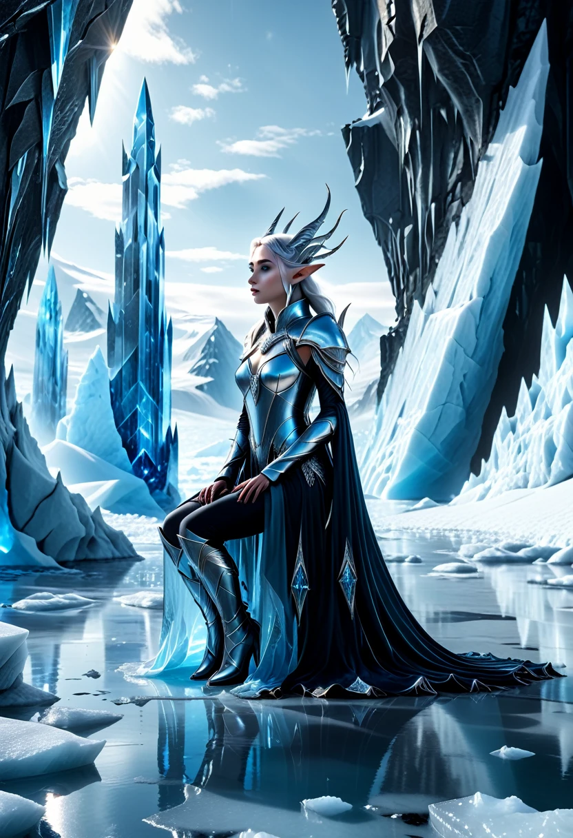 Panopticon Echoing Void: Arctic Cyber Elves congregating around a silver and glacier blue elfin SpaceX perched on the crystalline glacial ice, fusing mystic elven folklore with Echoing Void landscapes, capturing the enigma, digital render, ultra realistic, dramatic lighting, 8k, Mysterious