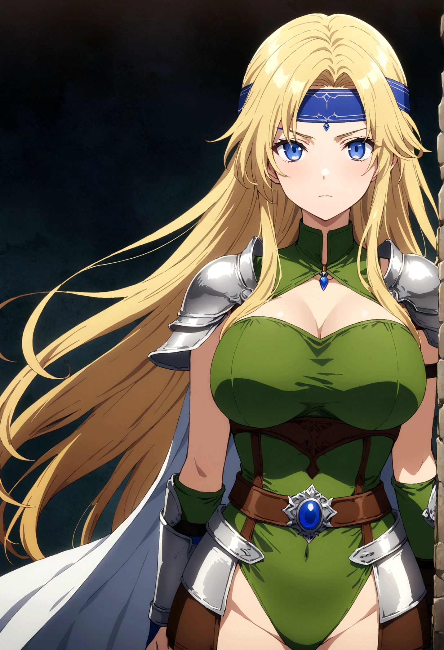 score_9, score_8_up, score_7_up,,BREAK source_anime, from side,front view,standing,straight-on,medium shot,looking_at_viewer,1girl, celes chere, final fantasy.blonde hair, blue eyes, green leotard, headband, large breasts,cleavage, pauldrons, circlet, bridal gauntlets, belt, white cape, vambraces,bracer, very long hair, bangs, closed mouth,.tundere,, (best quality),(aesthetic,very aesthetic),masterpiece, highres, (anime screenshot:0.5),holding sword,
