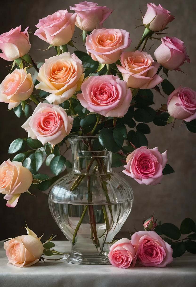 close-up of a vase with roses on table, colorized photograph, photorealism, roses, multiple roses, incredibly realistic, roses, beautiful, beautiful flowers, bouquet, flowers!!!! , breathtaking realism, hyperrealistic, roses in cinematic light, decorative roses, pastel roses, stunningly realistic