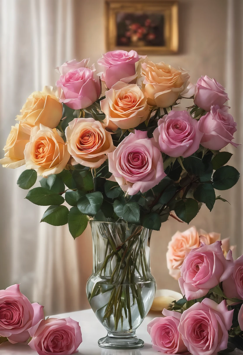 close-up of a vase with roses on table, colorized photograph, photorealism, roses, multiple roses, incredibly realistic, roses, beautiful, beautiful flowers, bouquet, flowers!!!! , breathtaking realism, hyperrealistic, roses in cinematic light, decorative roses, pastel roses, stunningly realistic