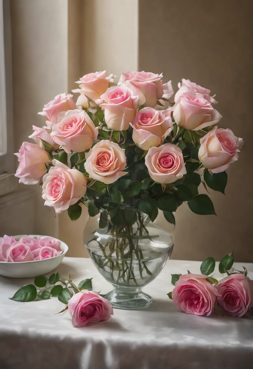 close-up of a vase with roses on table, colorized photograph, photorealism, roses, multiple roses, incredibly realistic, roses, beautiful, beautiful flowers, bouquet, flowers!!!! , breathtaking realism, hyperrealistic, roses in cinematic light, decorative roses, pastel roses, stunningly realistic