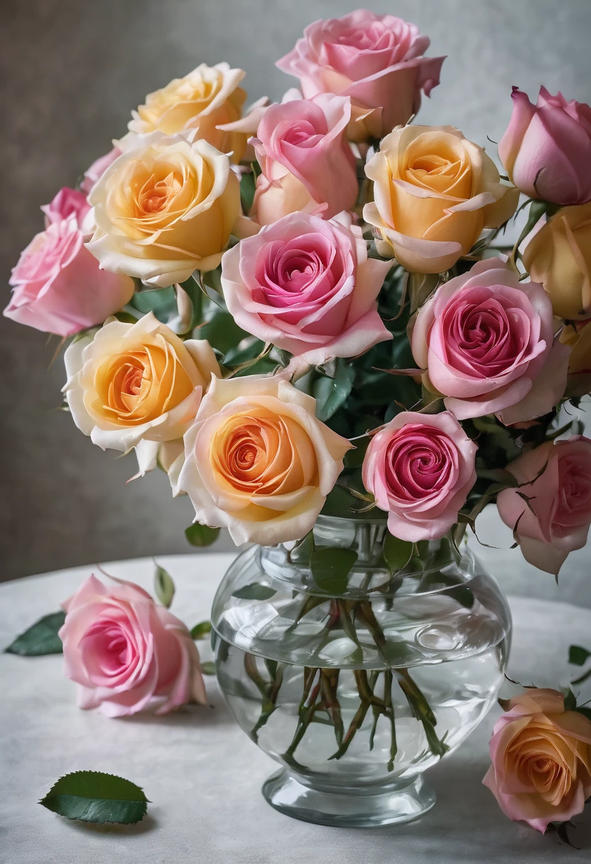 close-up of a vase with roses on table, colorized photograph, photorealism, roses, multiple roses, incredibly realistic, roses, beautiful, beautiful flowers, bouquet, flowers!!!! , breathtaking realism, hyperrealistic, roses in cinematic light, decorative roses, pastel roses, stunningly realistic
