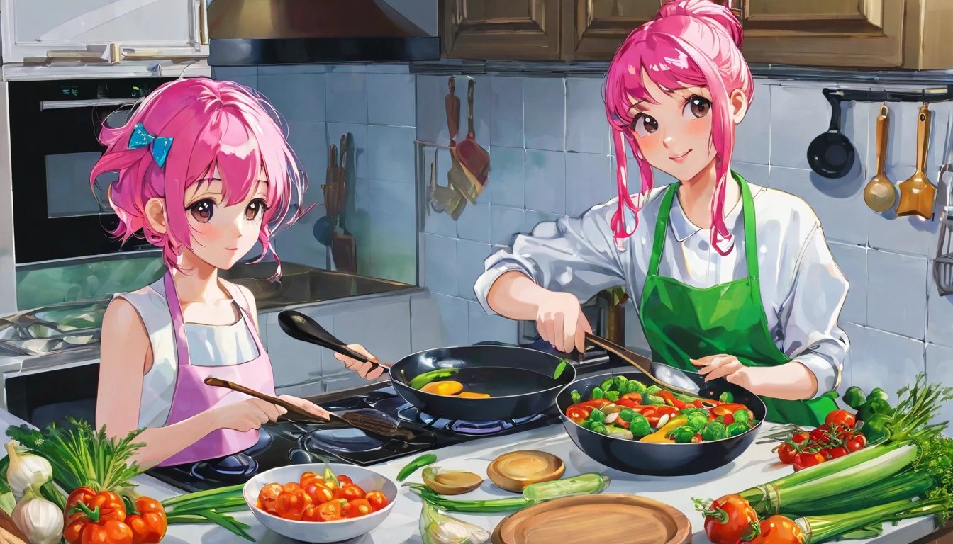 (Highest quality), Girl preparing food in kitchen with vegetables and frying pan,Pink Hair