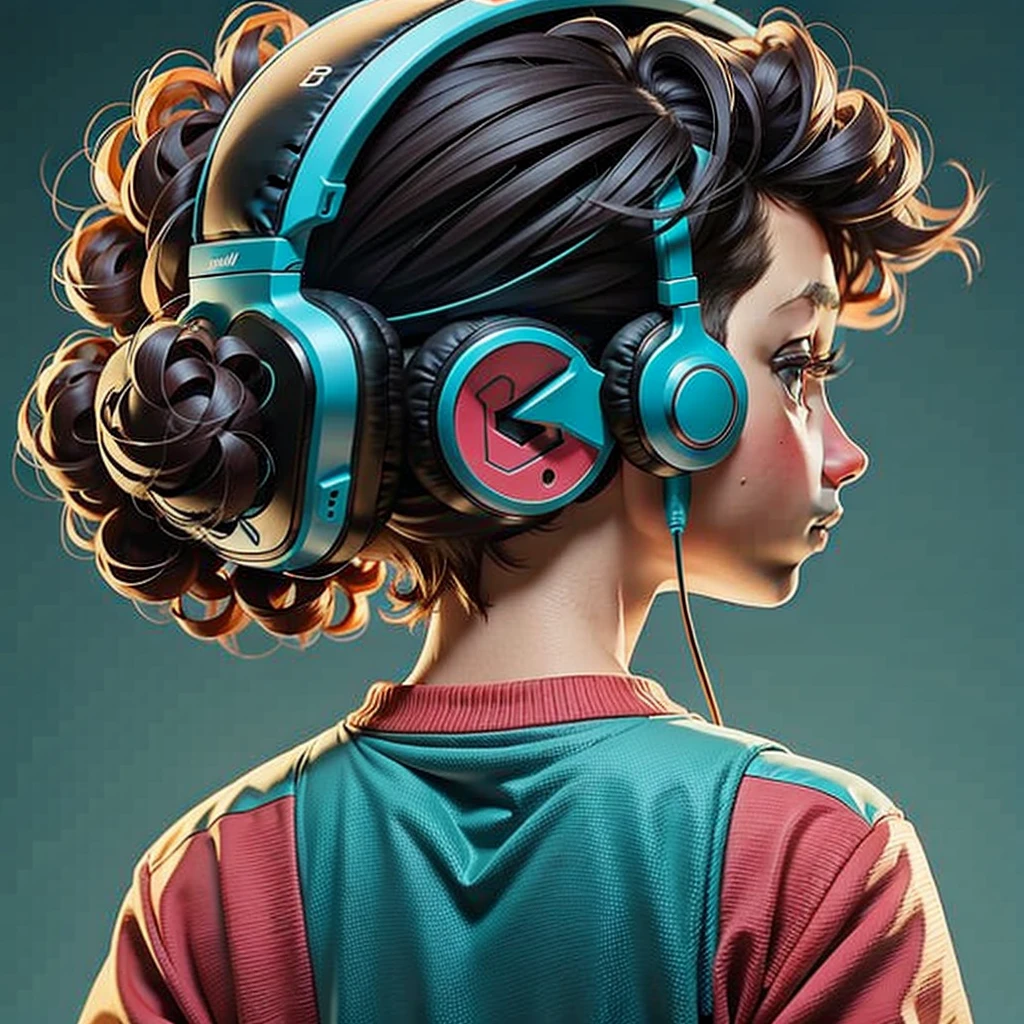 A boy standing in a gradient background,alone , seen from his back , wearing headphones, he has curly hairs