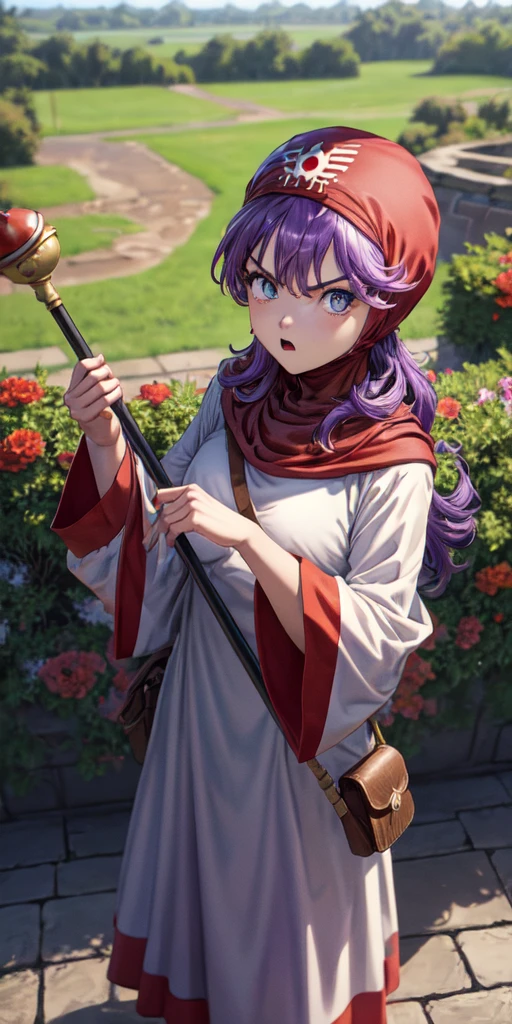 masterpiece, best quality, 4k, 8k, dqPom, red hood, purple hair, robe, cowboy shot, standing, holding staff, sky, garden, looking at viewer, from above, angry