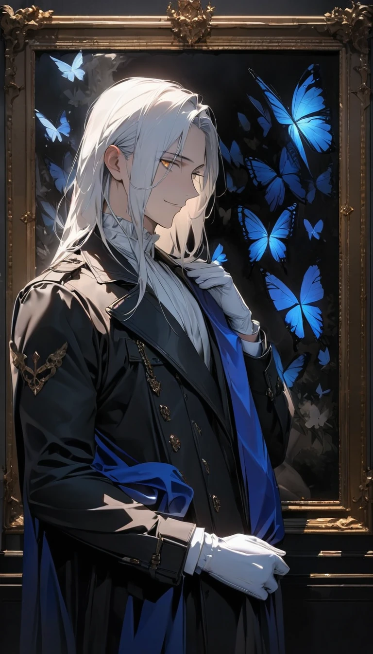 (masterpiece:1.5)，best quality，(1 Handsome man)，alone，white long length hair，(Golden eyes), (A soft smile)，elegant，perfect face，Long black trench coat，white and blue cloth，white leather gloves，white lining，Slightly muscular body，High，8K，Beautiful contrast of light and shadow，Dark luxury background，(complete upper body)，Positive face，luxury screen，Standing in front of the historical oil painting，Exquisite picture frame，((many butterflies))，(Museum)，Museum