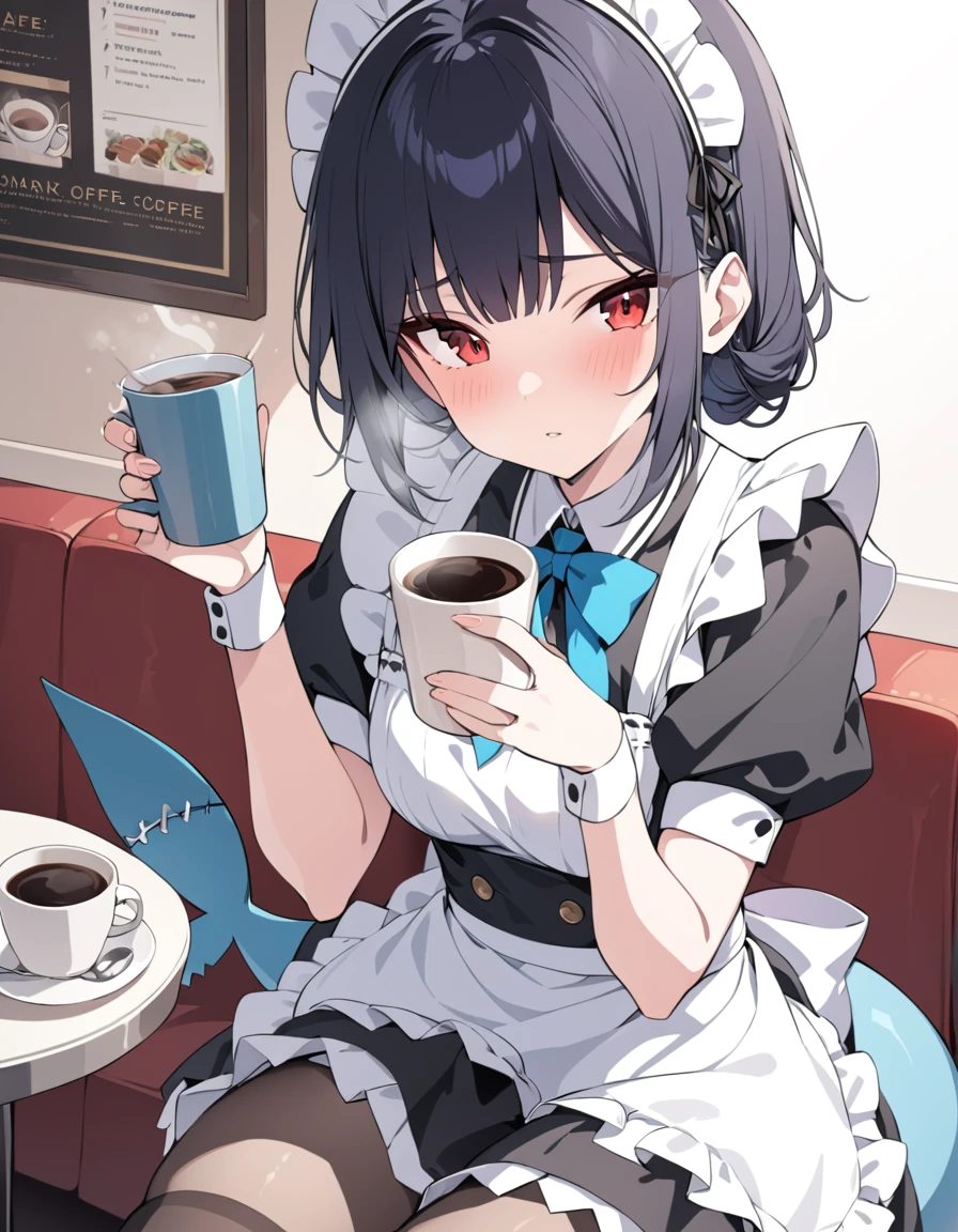 （masterpiece：1.2），Best quality，Very detailed, high resolution，Red eyes，Black short hair，Maid，sitting in café，Holding a cup of coffee，Cold，Black stockings，Shark Tail