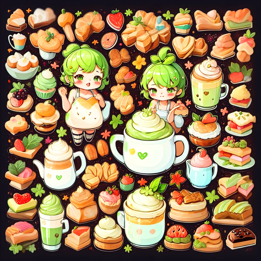 sticker,1girl, pastries and desserts, matcha latte