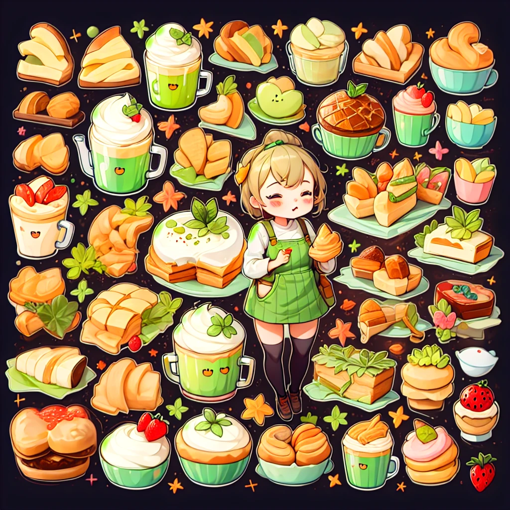 sticker,1girl, pastries and desserts, matcha latte