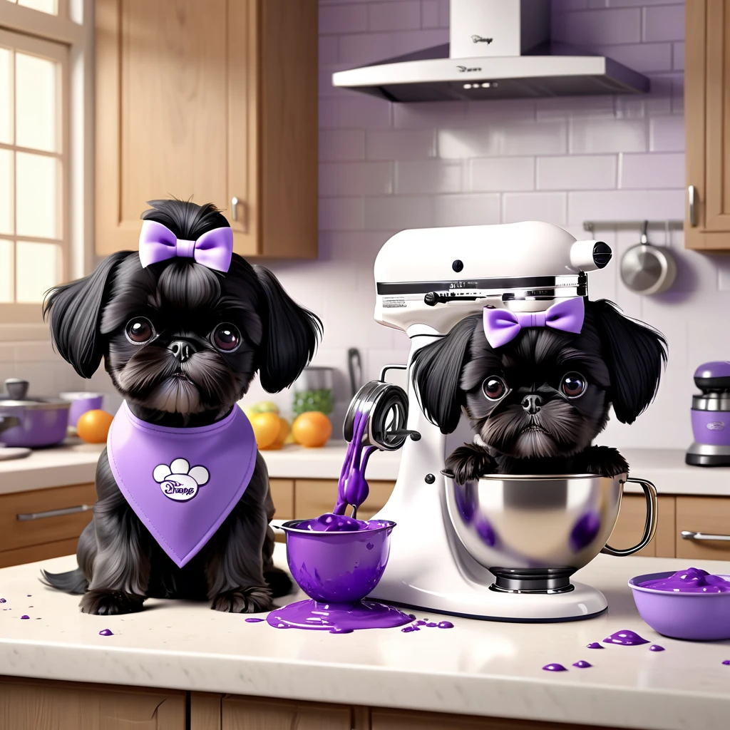 2 Adorable small black Shih Tzu puppies wearing purple collars and aprons using kitchen aid mixer making a mess in Disney kitchen 3d cartoon, 3d render, disney pixar style