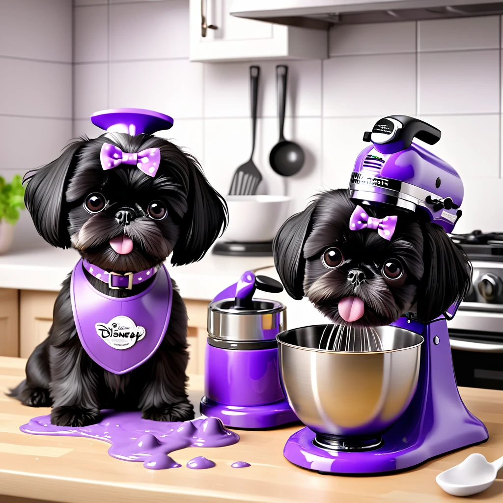 2 Adorable small black Shih Tzu puppies wearing purple collars and aprons using kitchen aid mixer making a mess in Disney kitchen 3d cartoon, 3d render, disney pixar style