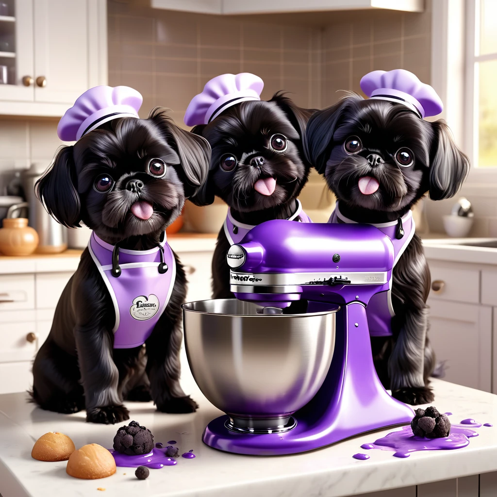 2 Adorable small black Shih Tzu puppies wearing purple collars and aprons using kitchen aid mixer making a mess in Disney kitchen 3d cartoon, 3d render, disney pixar style