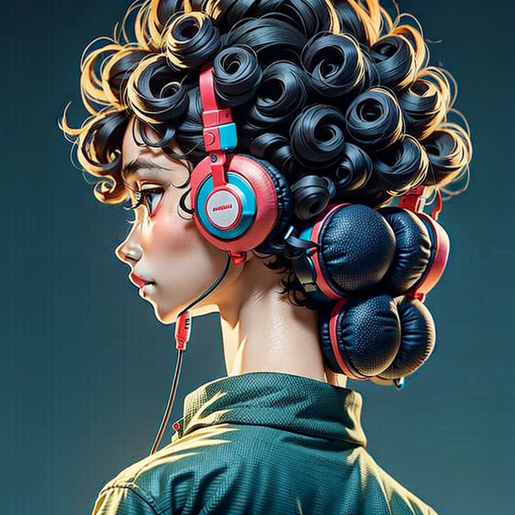 A boy standing in a gradient background,alone , seen from his back , wearing headphones, he has curly hairs