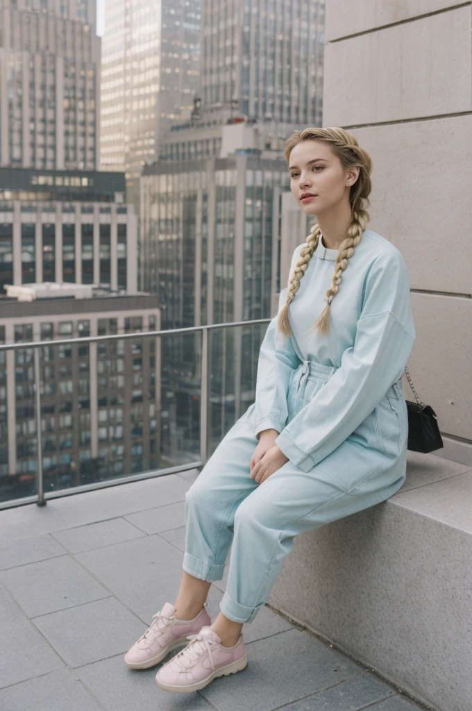 her name is Amelie, high quality, 1girl, ((20-year-old fit Caucasian woman)), ((20 years old)), ((fit)), ((Halo Braid)), pose: standing, wearing unique Generation-Z modern wear pastel colored pastel colored, BACKGROUND: On top of the Rockefeller Center, with panoramic views of the sprawling cityscape and Central Park
