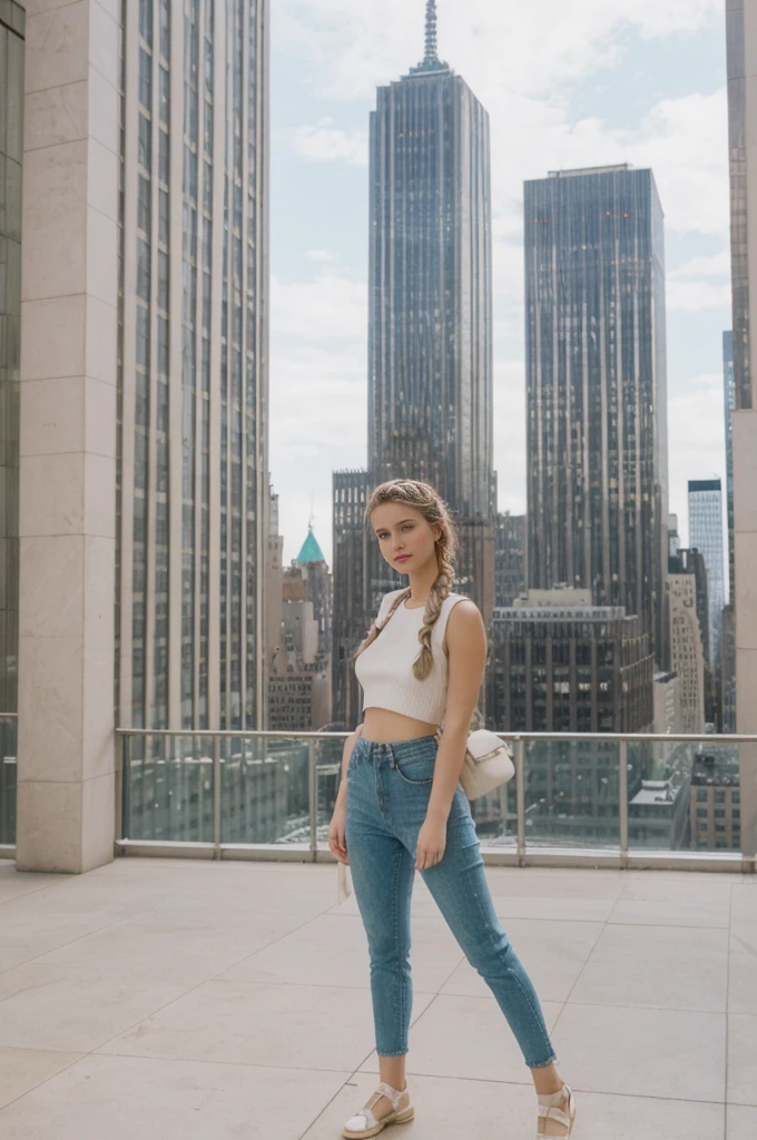 her name is Amelie, high quality, 1girl, ((20-year-old fit Caucasian woman)), ((20 years old)), ((fit)), ((Halo Braid)), pose: standing, wearing unique Generation-Z modern wear pastel colored pastel colored, BACKGROUND: On top of the Rockefeller Center, with panoramic views of the sprawling cityscape and Central Park