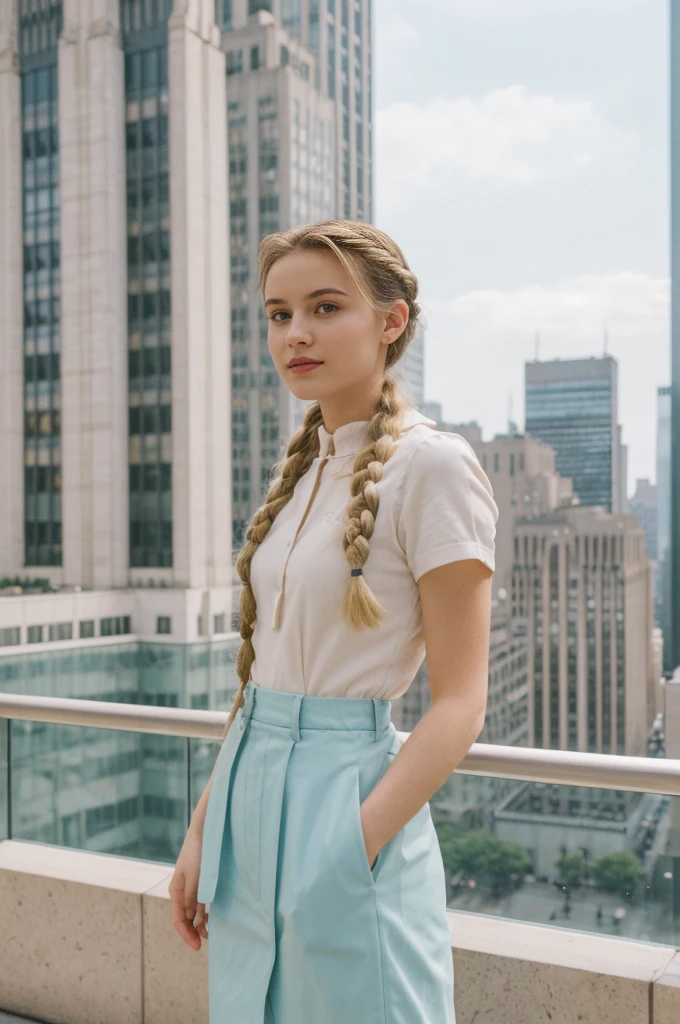 her name is Amelie, high quality, 1girl, ((20-year-old fit Caucasian woman)), ((20 years old)), ((fit)), ((Halo Braid)), pose: standing, wearing unique Generation-Z modern wear pastel colored pastel colored, BACKGROUND: On top of the Rockefeller Center, with panoramic views of the sprawling cityscape and Central Park