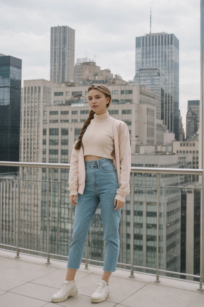 her name is Amelie, high quality, 1girl, ((20-year-old fit Caucasian woman)), ((20 years old)), ((fit)), ((Halo Braid)), pose: standing, wearing unique Generation-Z modern wear pastel colored pastel colored, BACKGROUND: On top of the Rockefeller Center, with panoramic views of the sprawling cityscape and Central Park