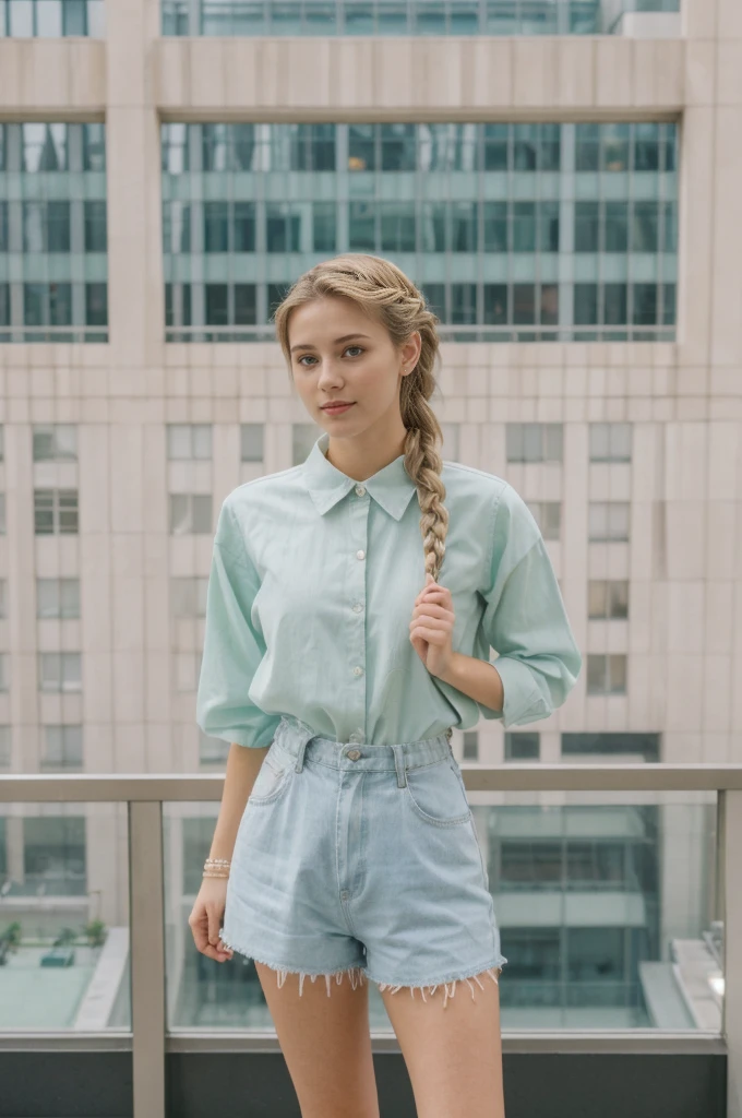 her name is Amelie, high quality, 1girl, ((20-year-old fit Caucasian woman)), ((20 years old)), ((fit)), ((Halo Braid)), pose: standing, wearing unique Generation-Z modern wear pastel colored pastel colored, BACKGROUND: On top of the Rockefeller Center, with panoramic views of the sprawling cityscape and Central Park