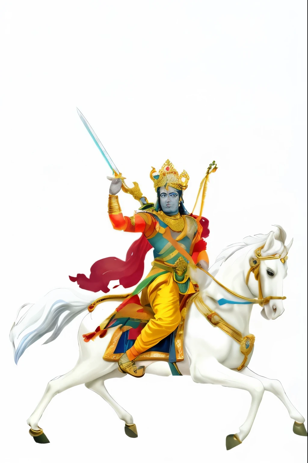 "Create an image of Bhagwan Shree Krishna, depicted as a blue-skinned god, wearing a mukut (crown) adorned with a peacock feather. He is dressed in a red shirt and a yellow and red silk costume, with armor covering his body and hands. Krishna is riding a white horse, holding a sword in his right hand and a bow in his left hand. There should be a halo behind his head. The background should be divine, filled with ethereal elements to highlight his divine and majestic nature."