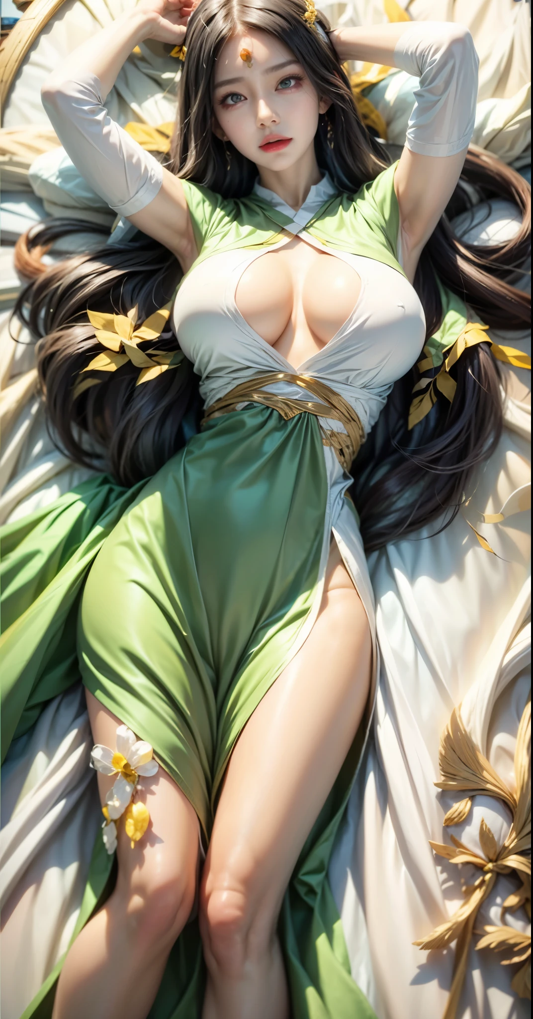 realistic, 1 women, best quality, 12k, HD, long hair, big round , cleavage, ponytail, necklace, jewelry, shorts, short jacket, slim , hair tie, yellow eyes, black hair, super detailed, Eye details, hair details, person details, mouth details, face details,  details, clothes details, hair details, pants details, hand details, whole body