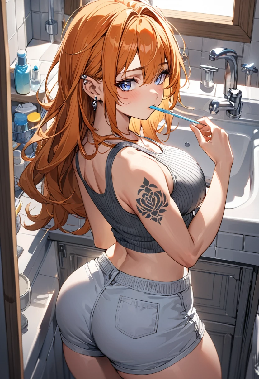 20 year old female, long orange hair, messy hair, perfect eyes, perfect silver irises, perfect pupils, thick thighs, thin ribbed tanktop, shorts, comfy clothes, many ear piercings, brushing teeth, looking back over shoulder, messy bathroom, small bathroom, highly detailed, best detail, best hands, right forearm tattoo, perfect tattoo, regular toothbrush, normal toothbrush, standing in front of sink, perfect hands, perfect fingers, prefect anatomy