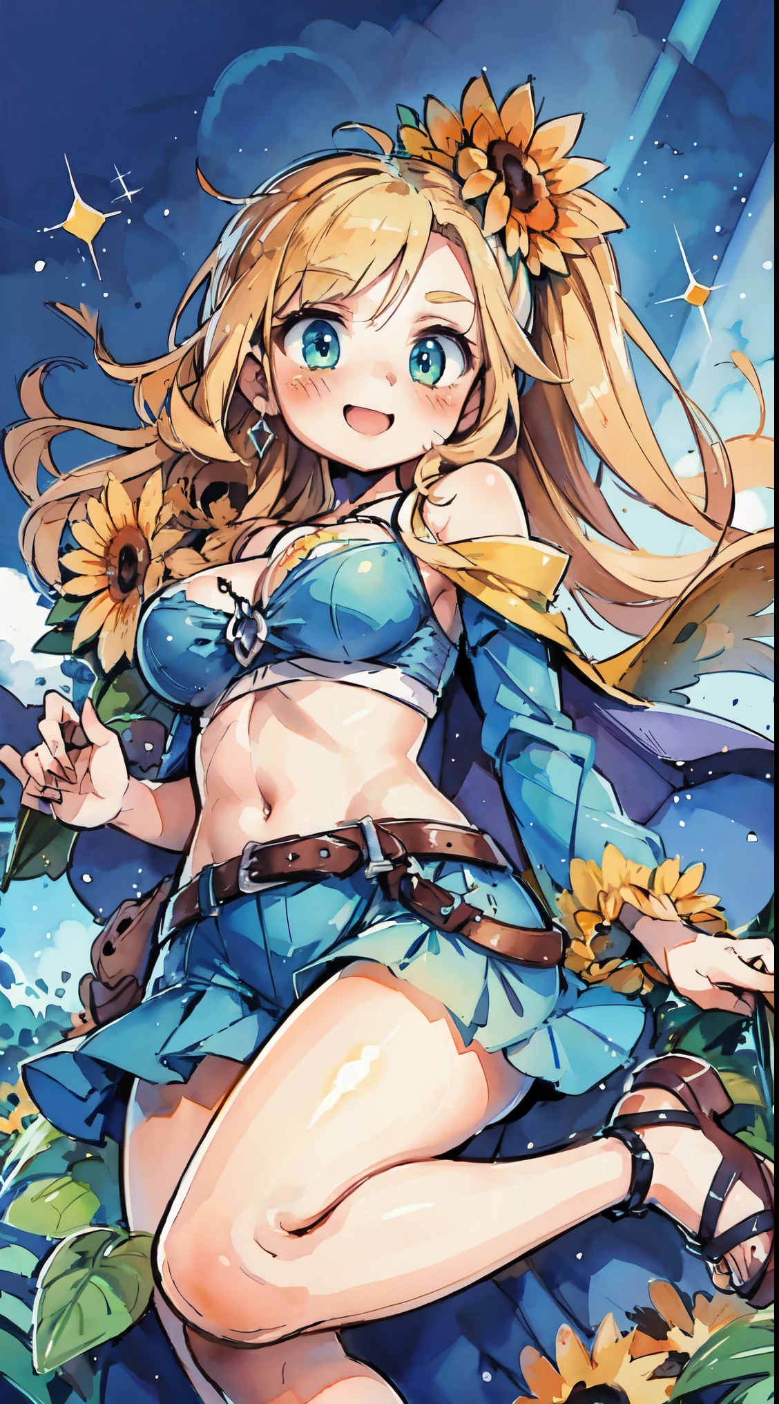 (8k, RAW photo, best quality, masterpiece, highres, absurdres, ultra detailed:1.3), (Photography, realistic, photo-realistic:1.4), (beautiful natural lighting, beautiful deatailed shadow, beautiful detailed glow :1.4), atmospheric,
BREAK, 1 beautiful girl, girl, (cute:1.5),(Little:0.5),(cute:2.0),(change:2.0),(12 year old girl),(big breasts:1.65),(chin hair,blonde,blue bow,green eyes,Eyebrows visible through the hair,side lock,long hair with bangs parted, hair flower, hair ornaments, big ribbon in hair, curly hair, ponytail:1.6),:he, white feathers, one thin white wing, Ang he wings, spread,(smile,blush:1.45) , //Character
1girl,
BREAK
//Fashions
Urban Fairy Tinker Bell Look
This urban take on Tinker Bell’s style is perfect for a modern fairy, The outfit starts with a fitted green crop top with subtle glitter accents and a sweetheart neckline, It pairs with a high-waisted, A-line mini skirt that features a layered, petal-like design in varying shades of green to mimic leaves, The outfit is complemented by a lightweight, sheer green cardigan with bell sleeves for a touch of whimsy,
BREAK
Accessories include strappy green sandals with tiny, sparkling details, a delicate gold chain belt, and small, detachable fairy wings that can be worn on the shoulders, To complete the look, add a charm bracelet with miniature fairy-themed charms and a flower crown with a mix of green and yellow blossom BREAK, in a (wariza,sunflower field:1.5) that has a blue sky and white clouds as the background, with a (bright and warm) atmosphere that suits their relaxing purpose, BREAK,and add some (sparkles and sun rays:1.3) to make it more vivid and lively,(maximum:1.5),(panoramic superb view:1.5),(gust blowing through:1.2)cute panties,perfect human anatomy,
BREAK wakame,wakame,wakame,(cowboy shot,from below:1.4), BREAK manga illustration.media,manga style,(ultra rich intricately proper sketch+pastel+airbrush+colored pencil:1.1),(ultra highres composition details:1.2),(water color:1.15),