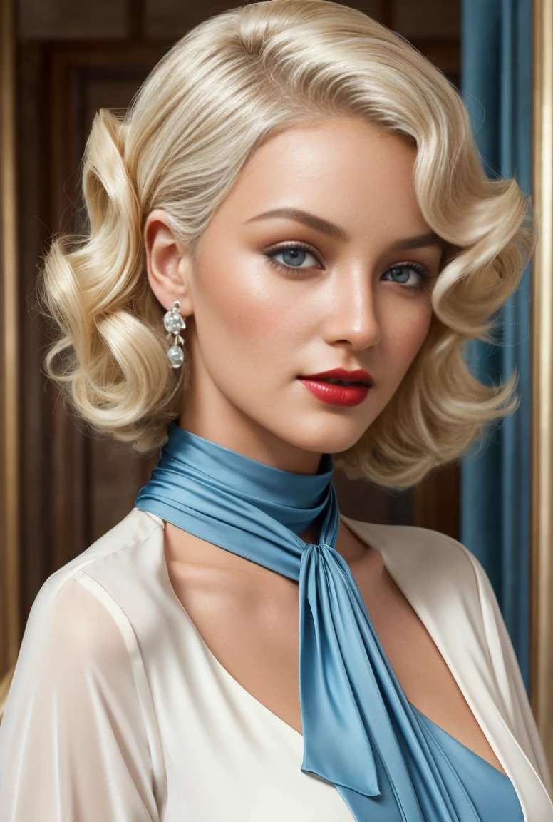 A digital painting or illustration of a woman with classic Hollywood glamour. She is portrayed with platinum blonde curls, bright blue eyes, striking red lipstick, and an elegant white blouse with a high neck scarf, evoking a sense of vintage fashion and timeless beauty. The artistic elements include a smooth complexion, soft lighting, and subtle shading that contribute to the overall polished and serene aesthetic.