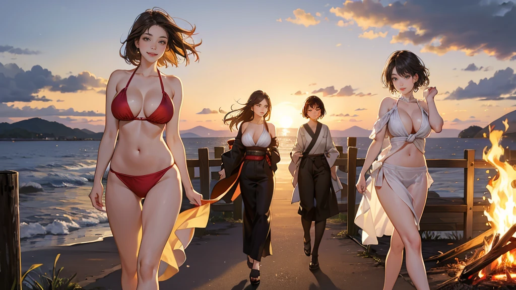 (smile)、To the camera、22-year-old、Photograph the whole body,Beautiful four woman walking on the seaside)、short hair and Long brown hair fluttering in the wind、(Big Breasts:1.5)、The best proportions、Bikini Swimwear、Photorealistic、4K、Different Hairstyle、Facial Variations、((Head to toe shot))、((Women around a bonfire)),daylight,japanese,Guitar,Photograph from head to toe,