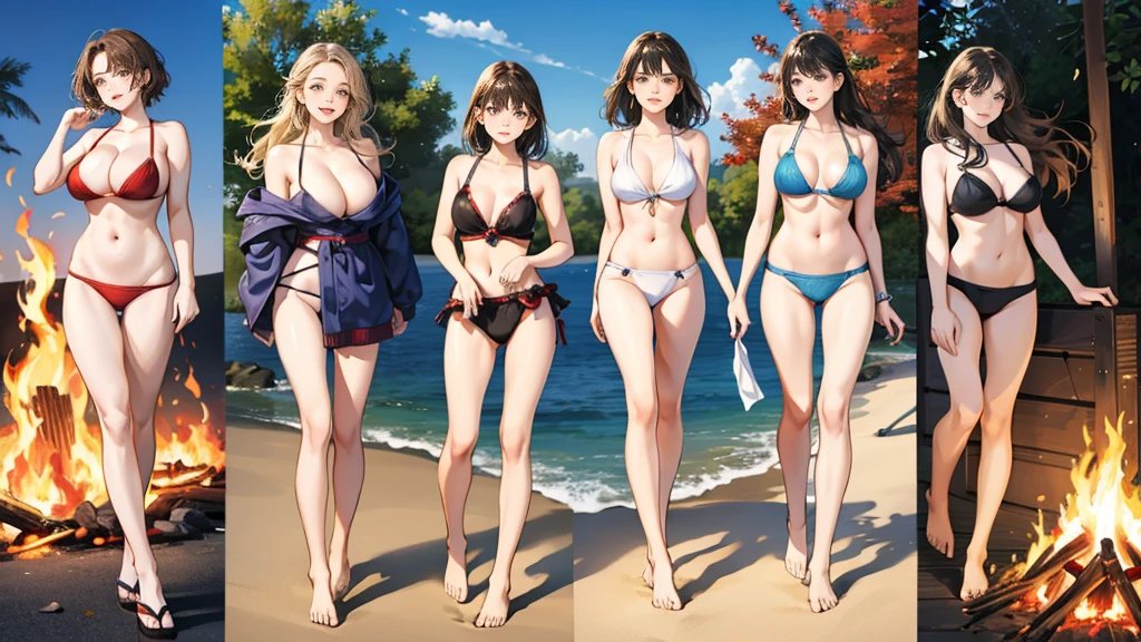 (smile)、To the camera、22-year-old、Photograph the whole body,Beautiful four woman walking on the seaside)、short hair and Long brown hair fluttering in the wind、(Big Breasts:1.5)、The best proportions、Bikini Swimwear、Photorealistic、4K、Different Hairstyle、Facial Variations、((Head to toe shot))、((Women around a bonfire)),daylight,japanese,Guitar,Photograph from head to toe,