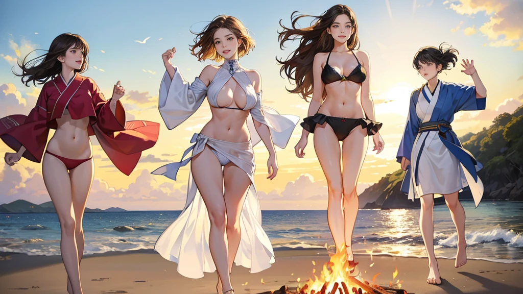 (smile)、To the camera、22-year-old、Photograph the whole body,Beautiful four woman walking on the seaside)、short hair and Long brown hair fluttering in the wind、(Big Breasts:1.5)、The best proportions、Bikini Swimwear、Photorealistic、4K、Different Hairstyle、Facial Variations、((Head to toe shot))、((Women around a bonfire)),daylight,japanese,Guitar,Photograph from head to toe,