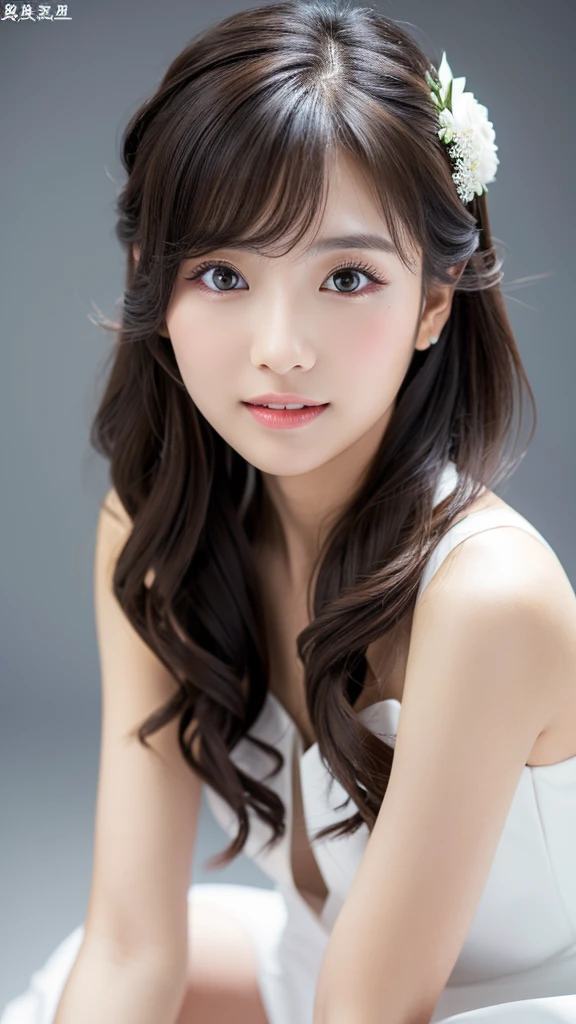 (Detailed face),(between legs),chest,cute,(chestが隠れた)white(formal)Dresses,4K,Ultra-high resolution,（Photorealistic：1.7）,Gray background,Long Hair,