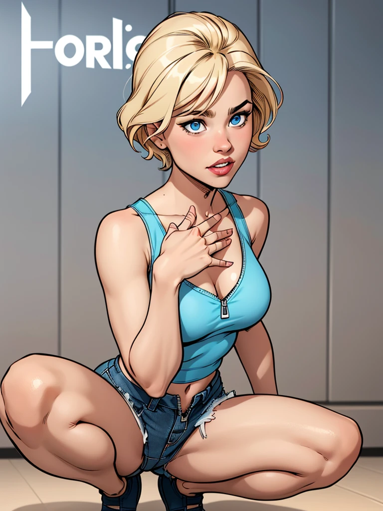 Young female, with blonde short hair, Blue eyes, wearing a tight blue tank top with a low neckline, wearing short, tight denim shorts with the zipper open, comic style squatting with your panties on