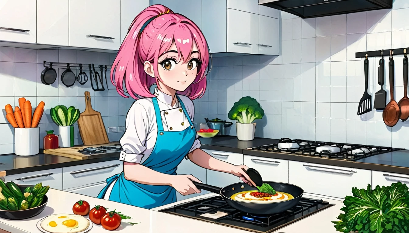 (Highest quality), Girl preparing food in kitchen with vegetables and frying pan,Pink Hair