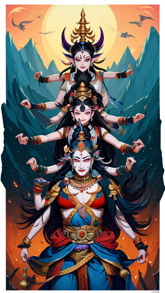 "Illustrate Ravana, a fierce demon king with multiple heads and arms, attempting to lift Mount Kailash with intense determination, while Lord Shiva and Parvati observe from above."
