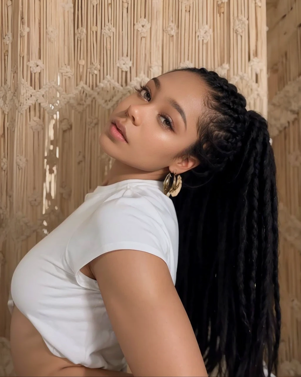 Black woman with braids with her body on her side looking at the camera.