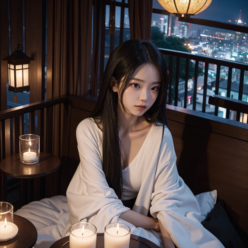 a chinese girl, long hair, sitting sideways looking at the camera on a large white sofa with pillows and blankets on a comfortable balcony with a warm atmosphere, there is a small wooden table with burning candles, and hanging decorative lights, creating a romantic and calm atmosphere, the balcony it has dark brown wooden floors and some tall green plants on the sides, a curved black metal structure forms the top of the balcony, and the backdrop is a nighttime cityscape with historic buildings and a twilight sky