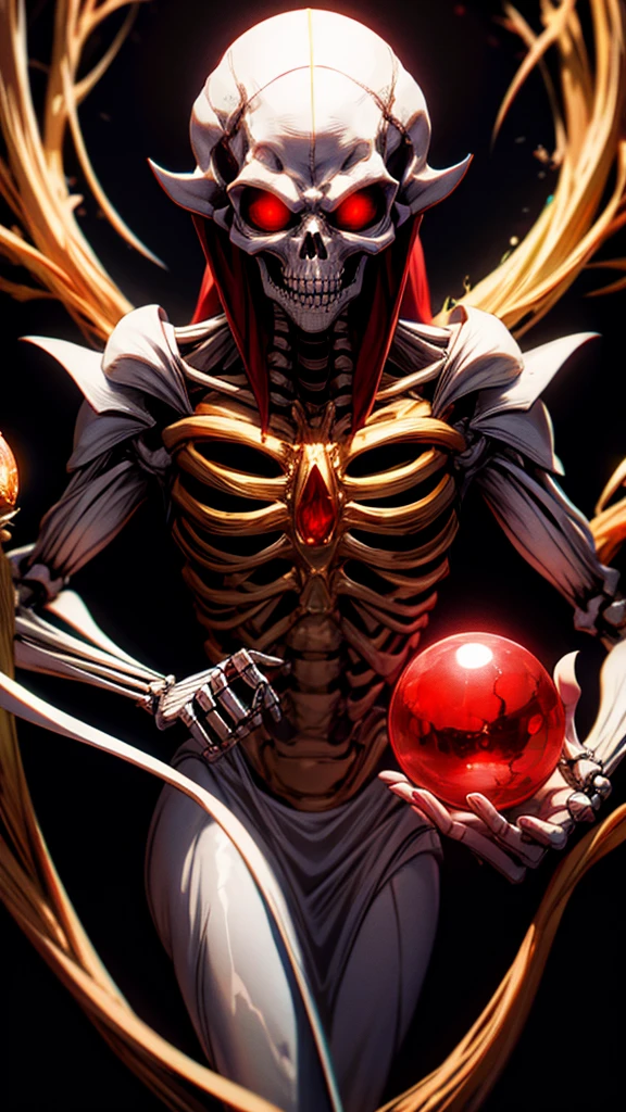 
8k, extremely detailed, film lighting, wizard skeleton with red eyes holding a crystal ball