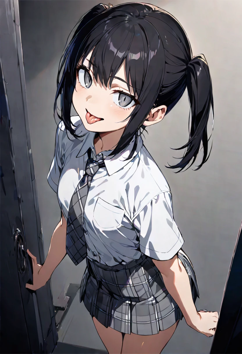 looking ahead,from above,slouch,Hands Behind Back,Tie hands behind back,side view,face focus,open mouth,tongue out,cum on tongue,Licking a white dildo,(1girl,Beautiful girl),((Slender,Small breasts,Baby Face,S,)),looking at viewer,Black Hair,bangs,two side up,Gray Eyes,Drooping eyes,slit pupils,narrow eyes,,Short sleeve shirt,Grey checked tie,Grey checked mini skirt,Beautiful and detailed anime art,Mischievous smile,Dimly lit room,Simple Background,Gray background,Low lighting