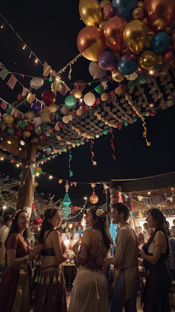 Colorful festive decorations, crisp hues, harmonious blend, vibrant balloons, sheer fabrics, twinkling lights, playful motifs, joyful ambiance, celebratory scene.