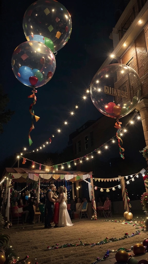 Colorful festive decorations, crisp hues, harmonious blend, vibrant balloons, sheer fabrics, twinkling lights, playful motifs, joyful ambiance, celebratory scene.