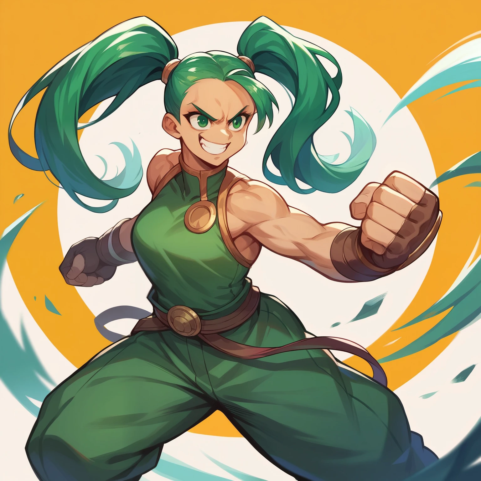 1 girl,green eyes,pigtails,fantasic fighter's costumes,have a brass knuckles made of iron,battle Arena background,fighting pose,grin,in front of huge bear,side view,green wing accessory is back,side view,