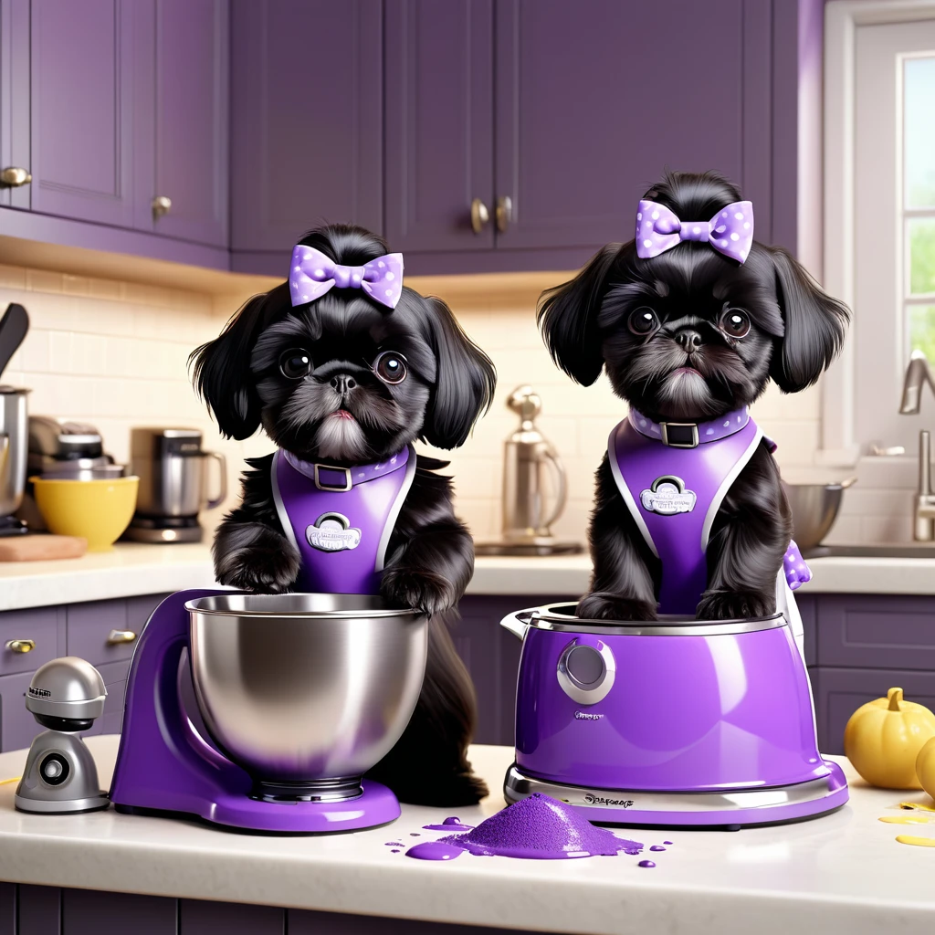 2 Adorable small black Shih Tzu puppies wearing purple collars and aprons using kitchen aid mixer, making a mess in Disney kitchen 3d cartoon, 3d render, disney pixar style