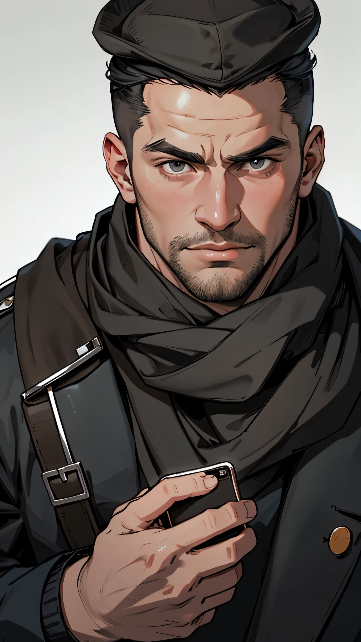 Anime style, the image portrays a man with a distinct hat and a cozy scarf wrapped around his neck, holding a cell phone with an unremarkable quality. Despite the very low resolution, the man's face is captured in a detailed, unblurred close-up. The camera zooms in on his neck, starting from his lips, offering a vivid, close-up portrait of his face.
The man is characterized by a smooth chin, which contrasts with his wide jawline and a noticeably heavy grainy texture that adds to the overall vintage aesthetic. He possesses a manly and chubby appearance that is accentuated by the blurry yet captivating quality of the image