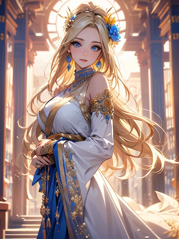 (Highest quality,Super detailed,High resolution,masterpiece,8K),Bright and vibrant colors,Official artwork,Greek white costume,Stylish makeup,Mid-length, shiny blonde hair fluttering in the wind,Captivating eyes,Beautiful Blue Eyes、Glossy Lips,Beautiful woman with ample breasts,Beautiful neck line, Holding,Captivating smile,whole body,A solemn atmosphere,Old Temple,flower,pigeon,,Detailed CG,