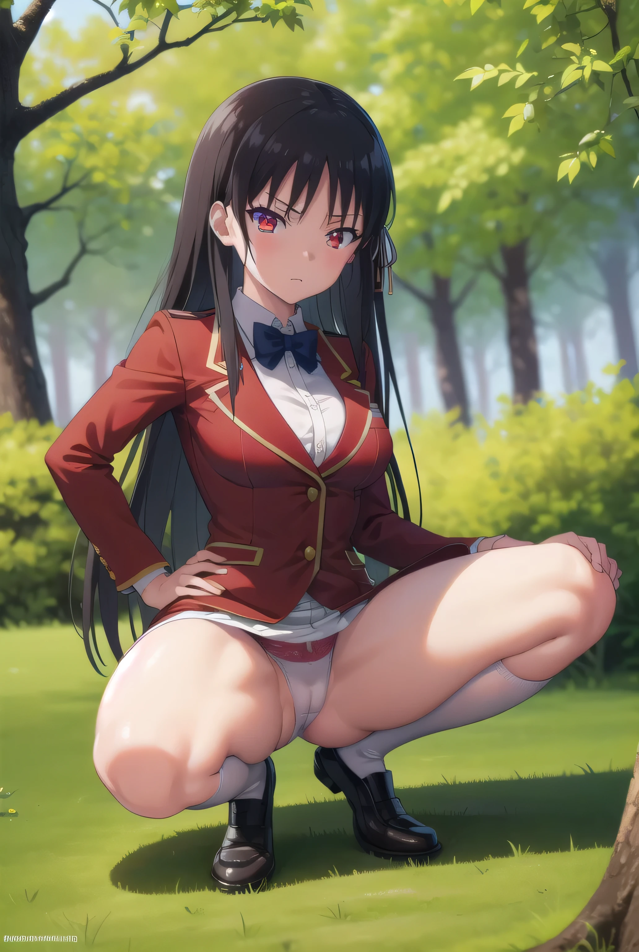 nsfw,Viewer Caution,suzune horikita, (Red eyes:1.3),Shade,Under the tree,in the forest,Show the whole body,front,from the front,squat,uniform,Red blazer,Hair Ribbon,Black knee-high socks,White panties,Panties in full view,(pussy cameltoe:1.0)