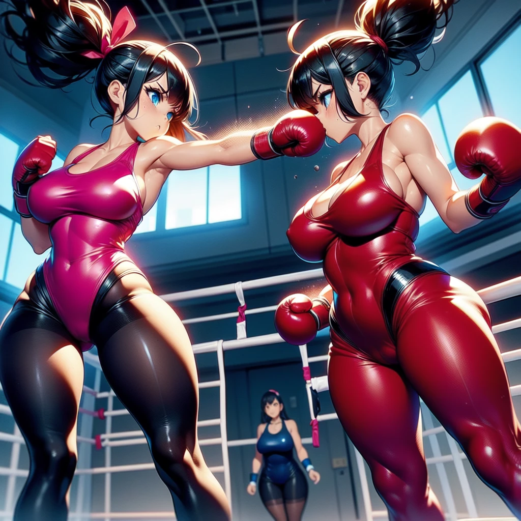 NSFW , In the Toy world , Small woman and big woman , Fullbody shot , Wear Monokini swimsuit with pantyhose , Female boxing Face to face, So huge breasts.
