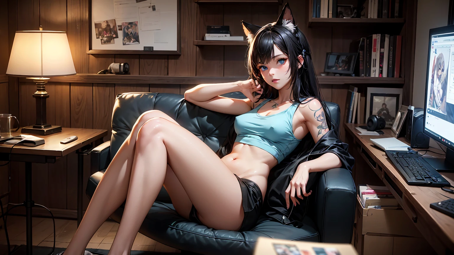 Create a high-quality, detailed image of a beautiful, anime gamer girl with tattoos and long hair, bright blue eyes, and small cat ears, sitting at her gaming PC in her gaming room. She is wearing a see through tank top, barely showing her nipples, and sleep shorts, showing her midriff, highlighting her stunning curves. The warm, inviting scene includes soft ambient lighting, comfortable seating, The setting is illuminated by a small lamp, creating a serene and intimate atmosphere