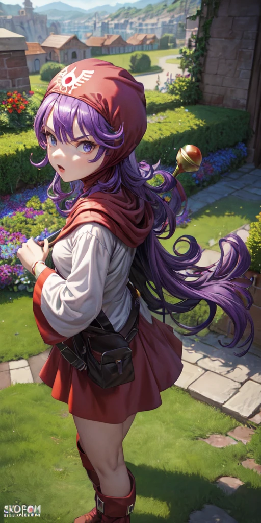 masterpiece, best quality, 4k, 8k, dqPom, red hood, purple hair, robe, cowboy shot, standing, holding staff, sky, garden, looking at viewer, from above, angry 