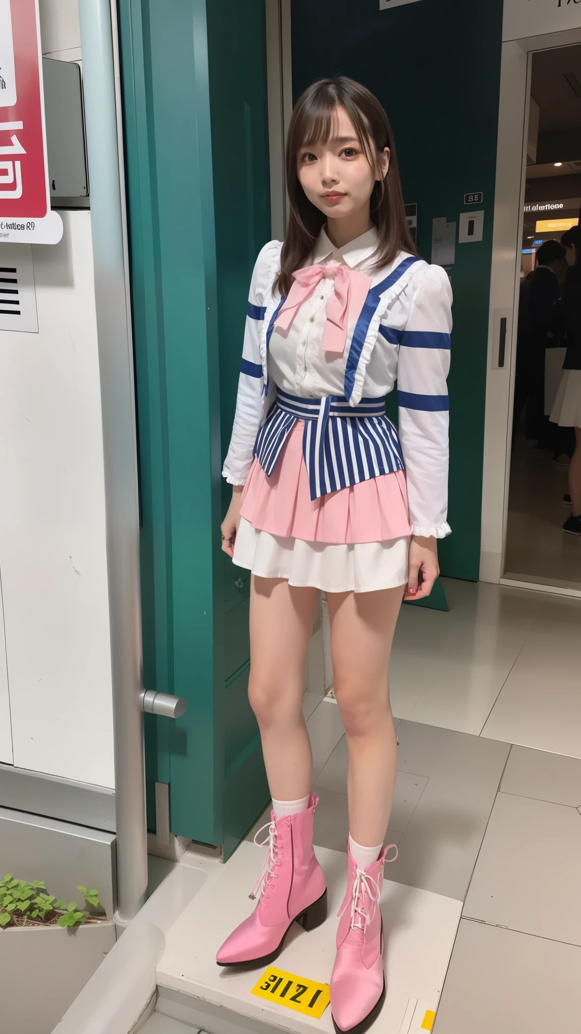 Costume like a idol, blue and white half sleeve Jacket, pink satin ruffled blouse, White and pink stripe pleated skirt, white lace up boots
